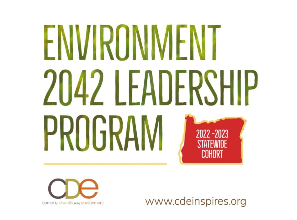 Green letters spell Environment 2042 Leadership Program on a white background with a small outline of the state of Oregon in the bottom corner
